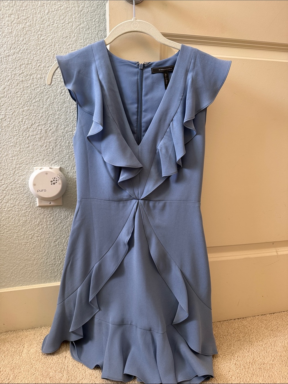BCBGMaxAzria Dusty Blue Ruffle V-Neck Mini Dress